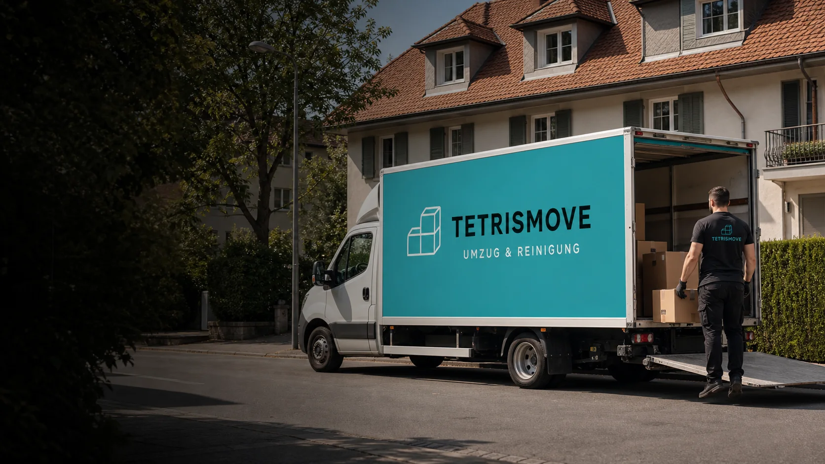 Tetrismove moving truck outside a Swiss home